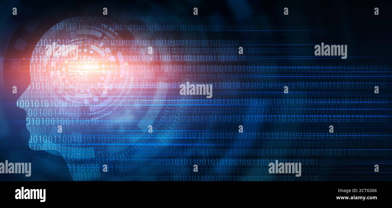Hologram Of Human Head Silhouette With Brain, Blue Digital Background Stock Photo
