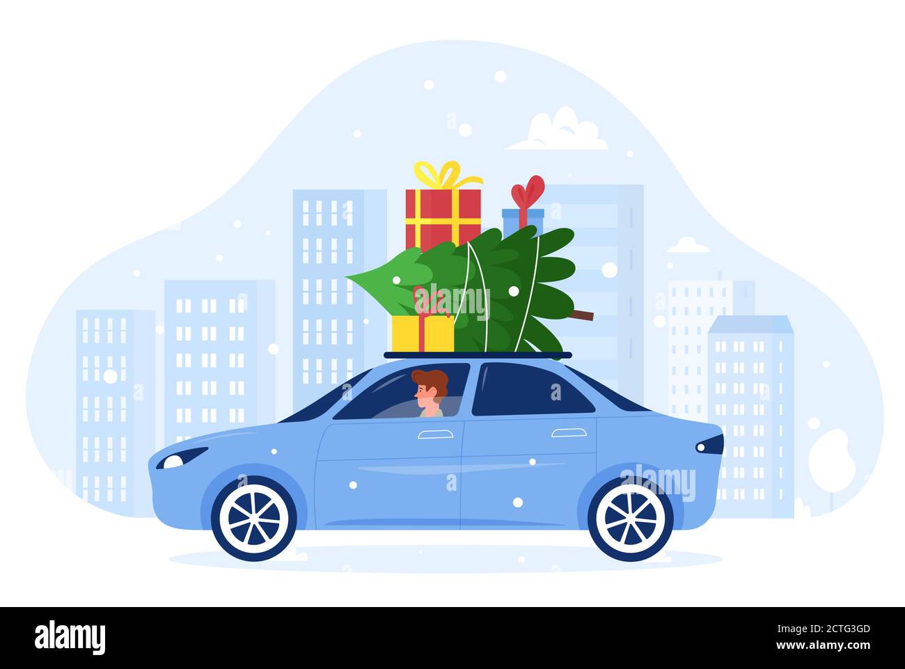 Merry Christmas vector illustration. Cartoon flat man character driving car with Xmas presents gifts and Christmas fir tree on roof in winter snowy cityscape, wintertime holiday isolated on white Stock Vector