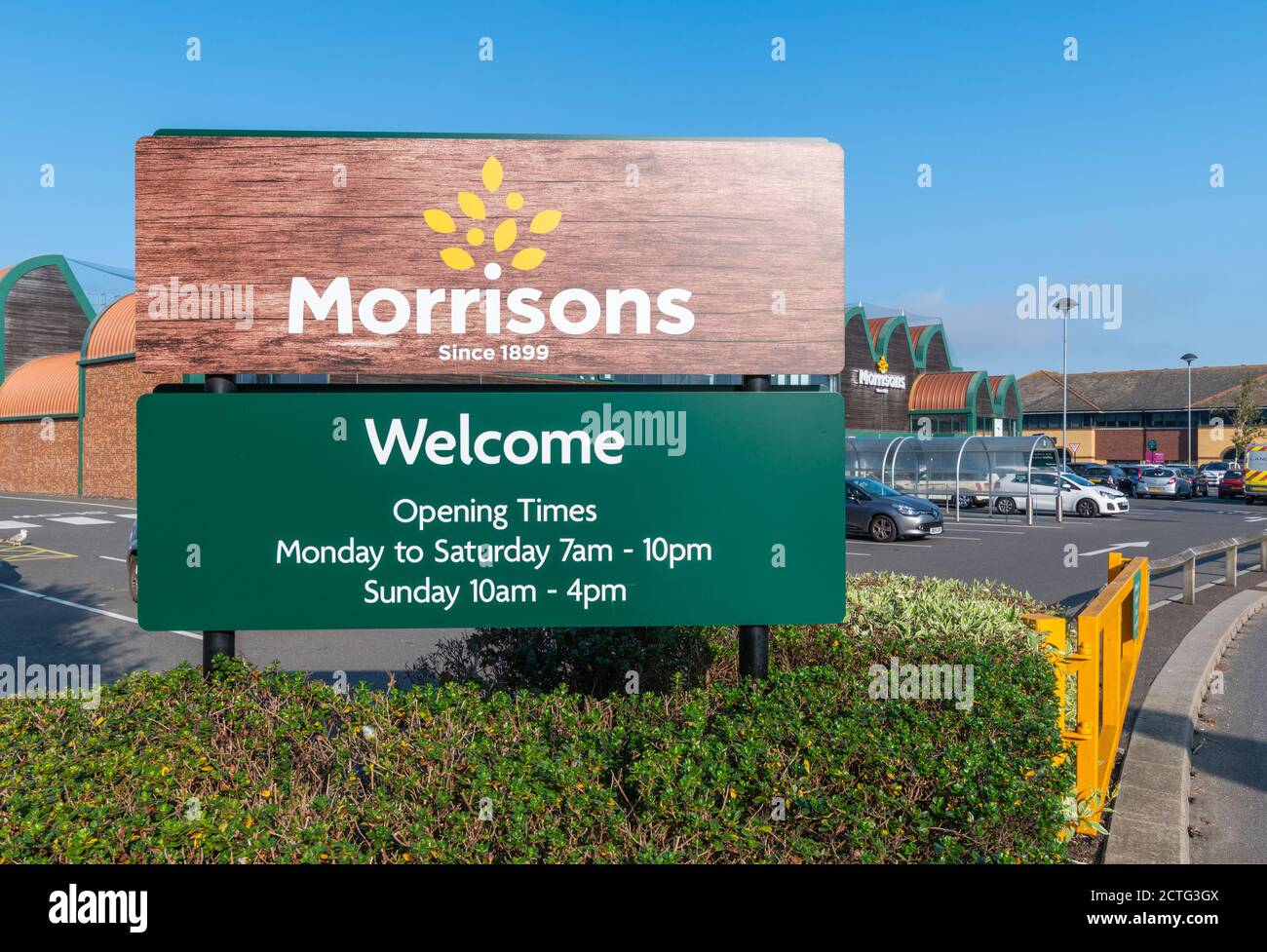 Entrance to Morrisons grocery supermarket store in Wick, Littlehampton, West Sussex, England, UK. Morrisons groceries, a British food superstore. Stock Photo