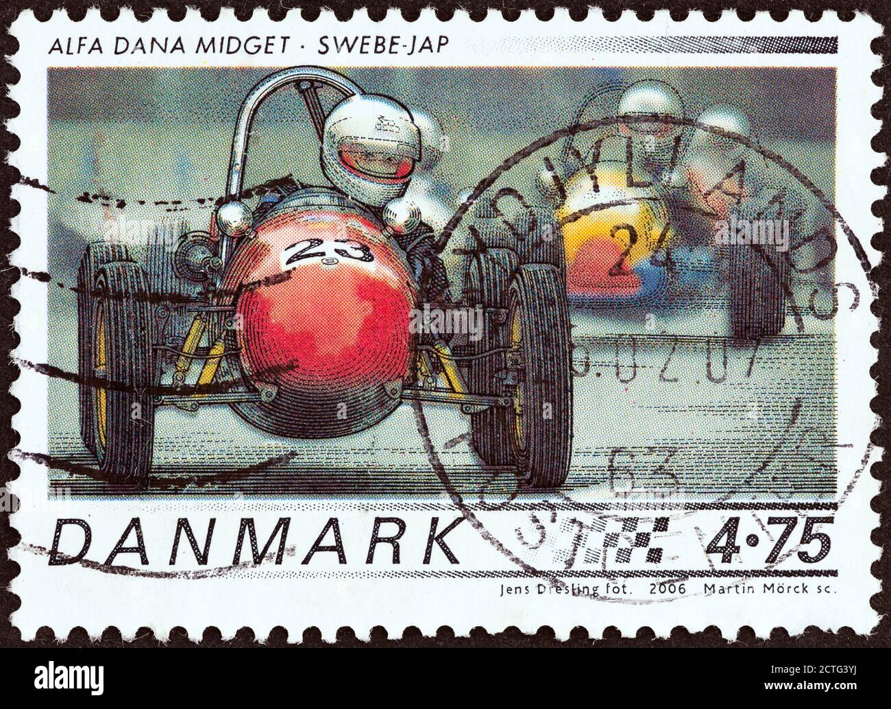 DENMARK - CIRCA 2006: A stamp printed in Denmark from the 'Race cars' issue shows 1958 Alfa Dana Midget, Swebe - JAP, circa 2006. Stock Photo