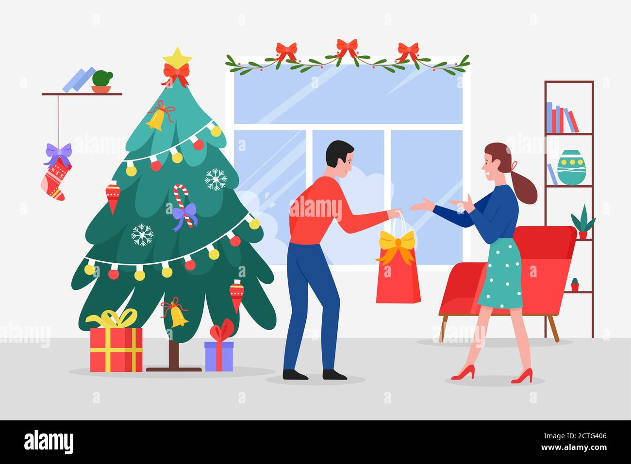 Giving Christmas gifts vector illustration. Cartoon flat couple people give Xmas present gift before Christmas Eve celebration, happy winter holiday in home living room with Christmas tree background Stock Vector