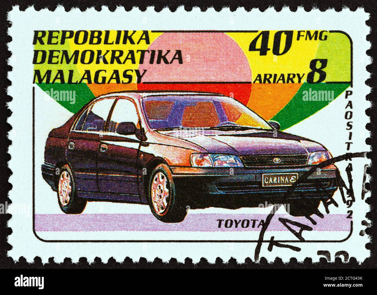 MADAGASCAR - CIRCA 1993: A stamp printed in Madagascar from the 'Automobiles' issue shows Toyota, circa 1993. Stock Photo