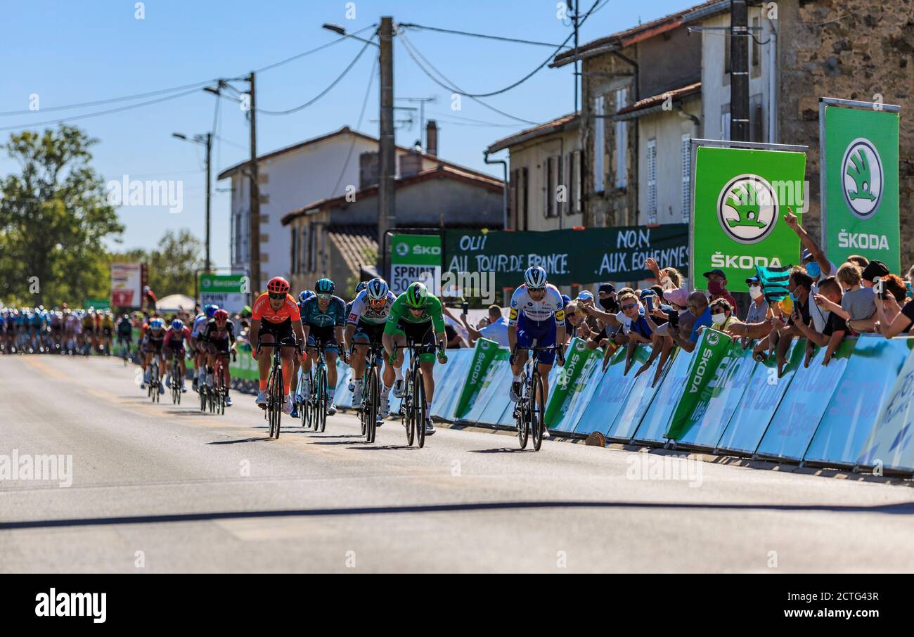 Les Grands Ajoncs, France -September 09, 2020: A group of cyclists (Morkov, Bennett, Sagan,Trentin) fight to win the intermediate sprint during the st Stock Photo