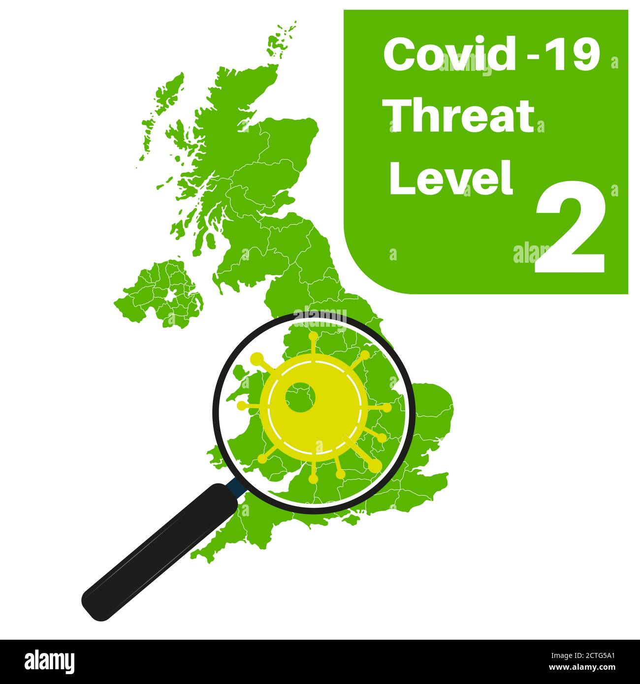 Covid-19 UK Threat Level 2 (Green) with map and magnifying glass Stock Vector