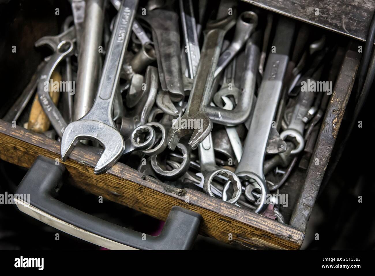 old dirty wrenches in box close up Stock Photo