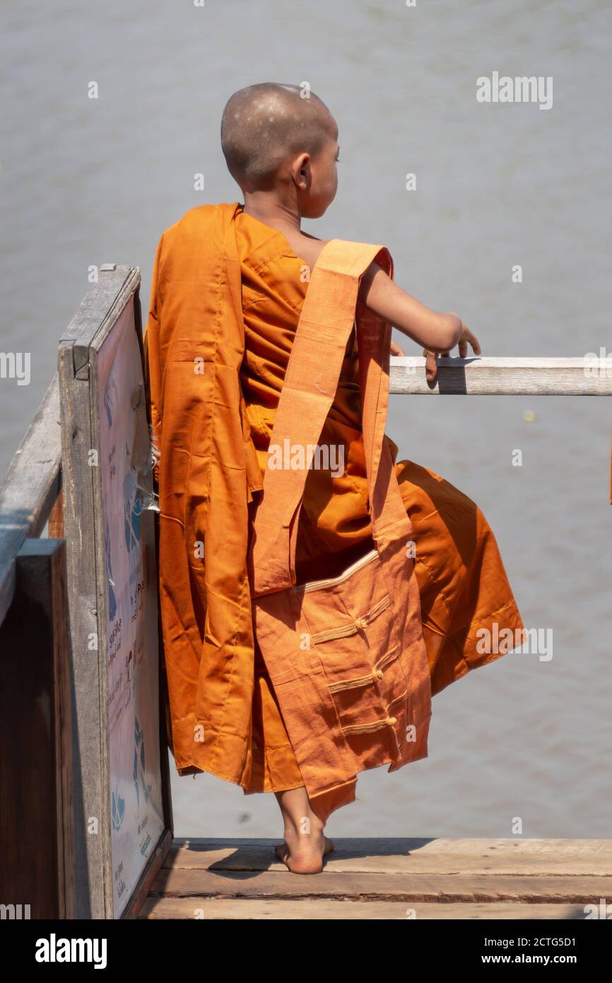 Portrait of a young monk in a burmese monastery  at Inle lake in Burma, Myanmar Stock Photo