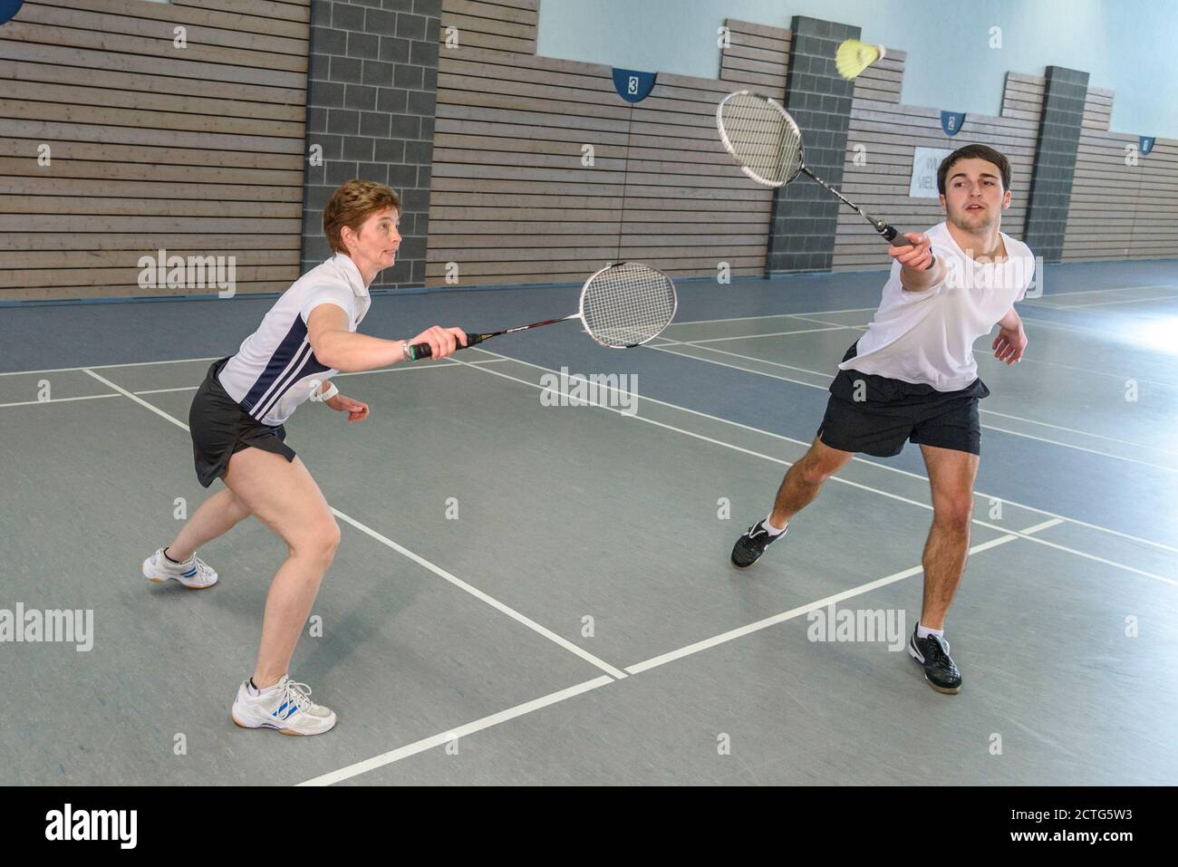Action und Einsatz beim Badminton Stock Photo