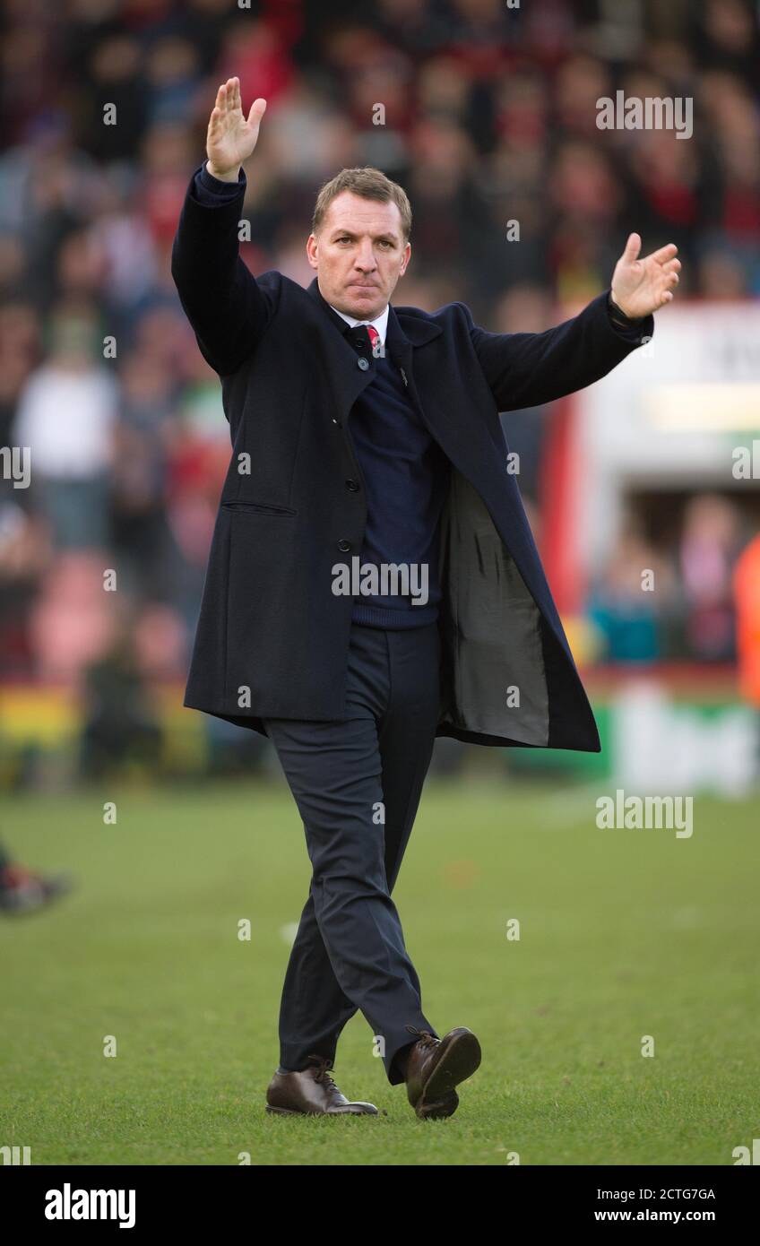 Brendan Rodgers celebrates and salutes the travelling Liverpool fans.  AFC Bournemouth v Liverpool FA CUP  R4   Copyright Picture : MARK PAIN / ALAMY Stock Photo