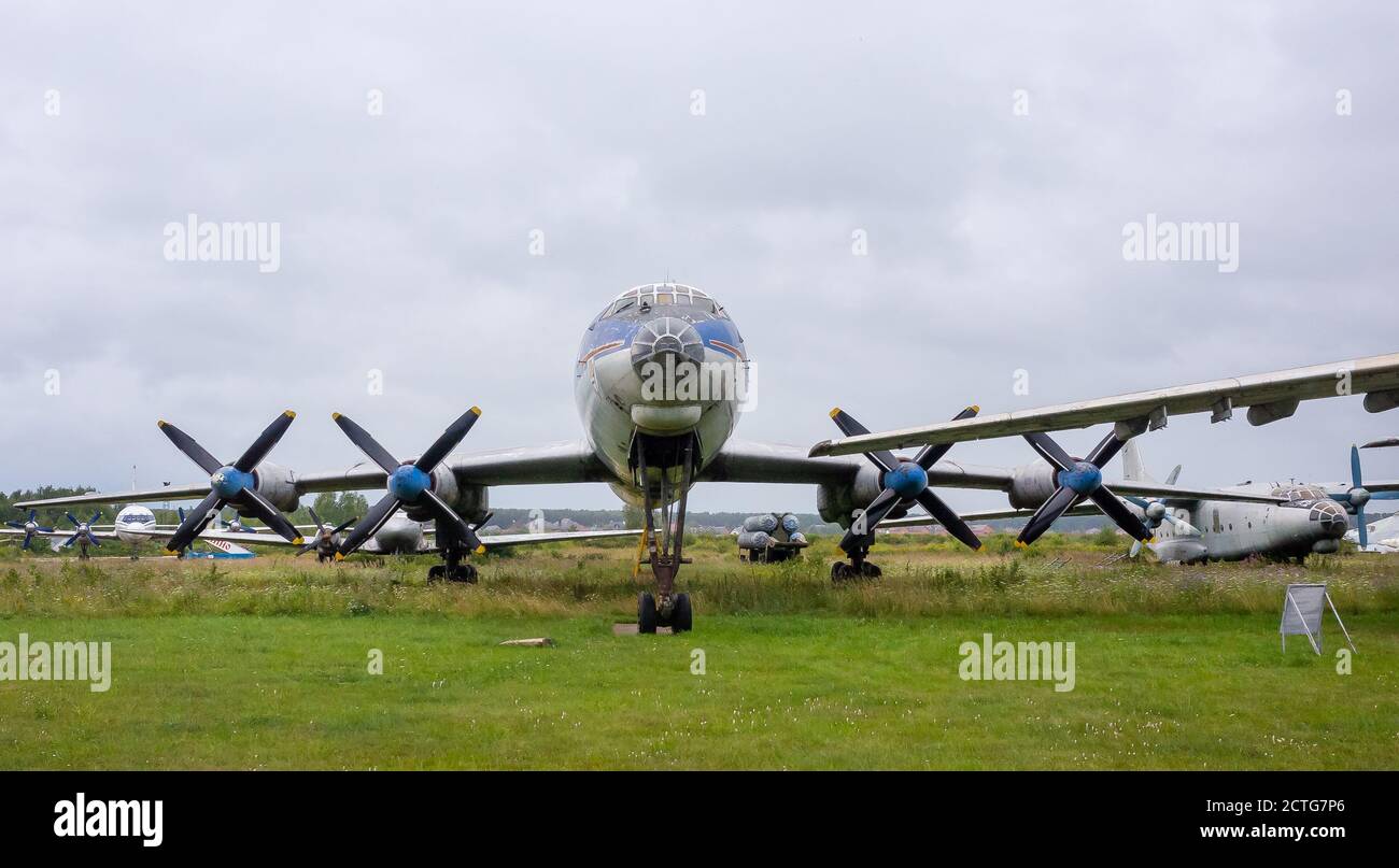 July 18, 2018, Moscow region, Russia. Soviet turboprop passenger aircraft Tupolev Tu-114 at the Central Museum of the Russian Air Force in Monino. Stock Photo