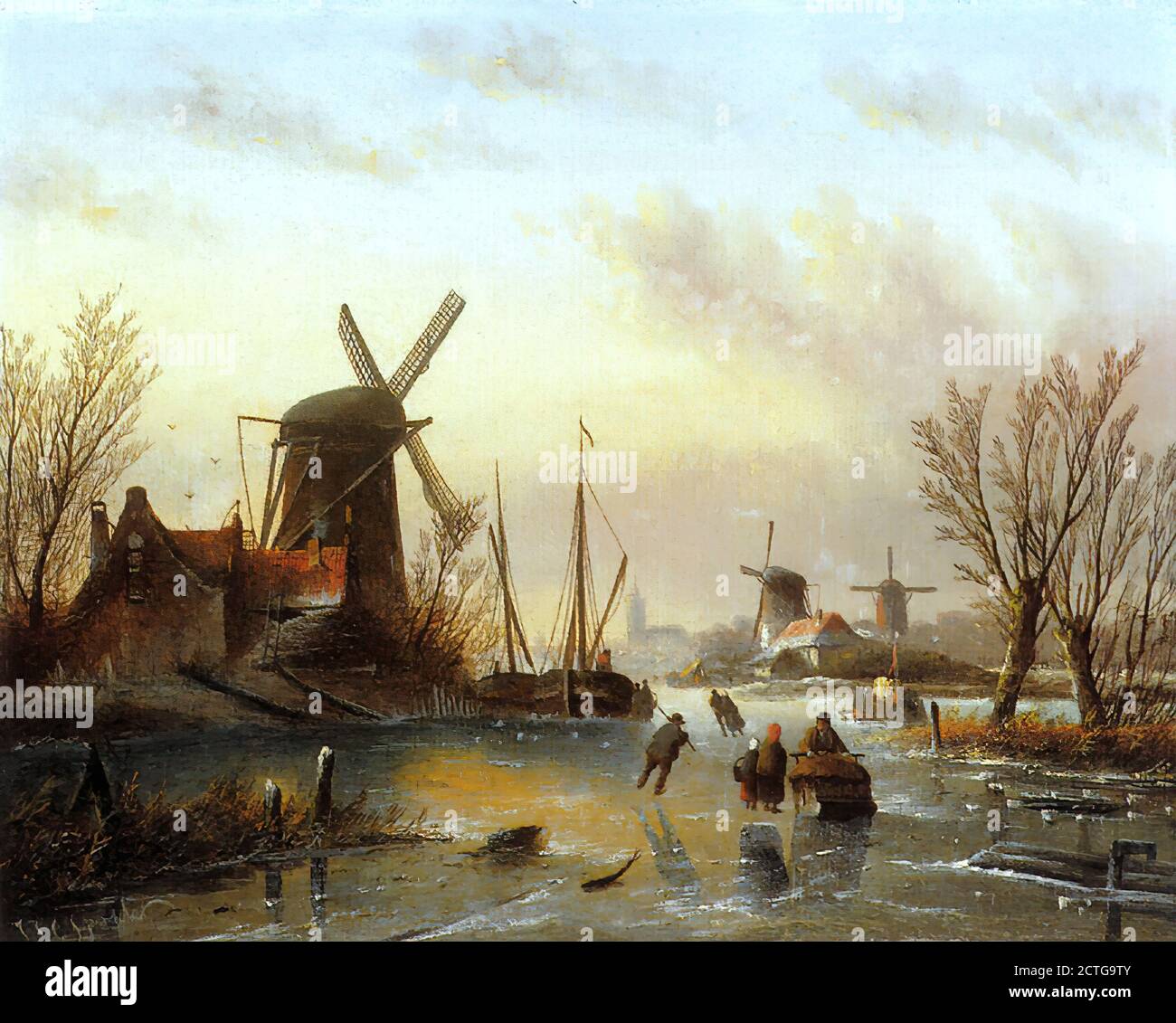 Spohler Jan Jacob - a Frozen River Landscape - Dutch School - 19th  Century Stock Photo