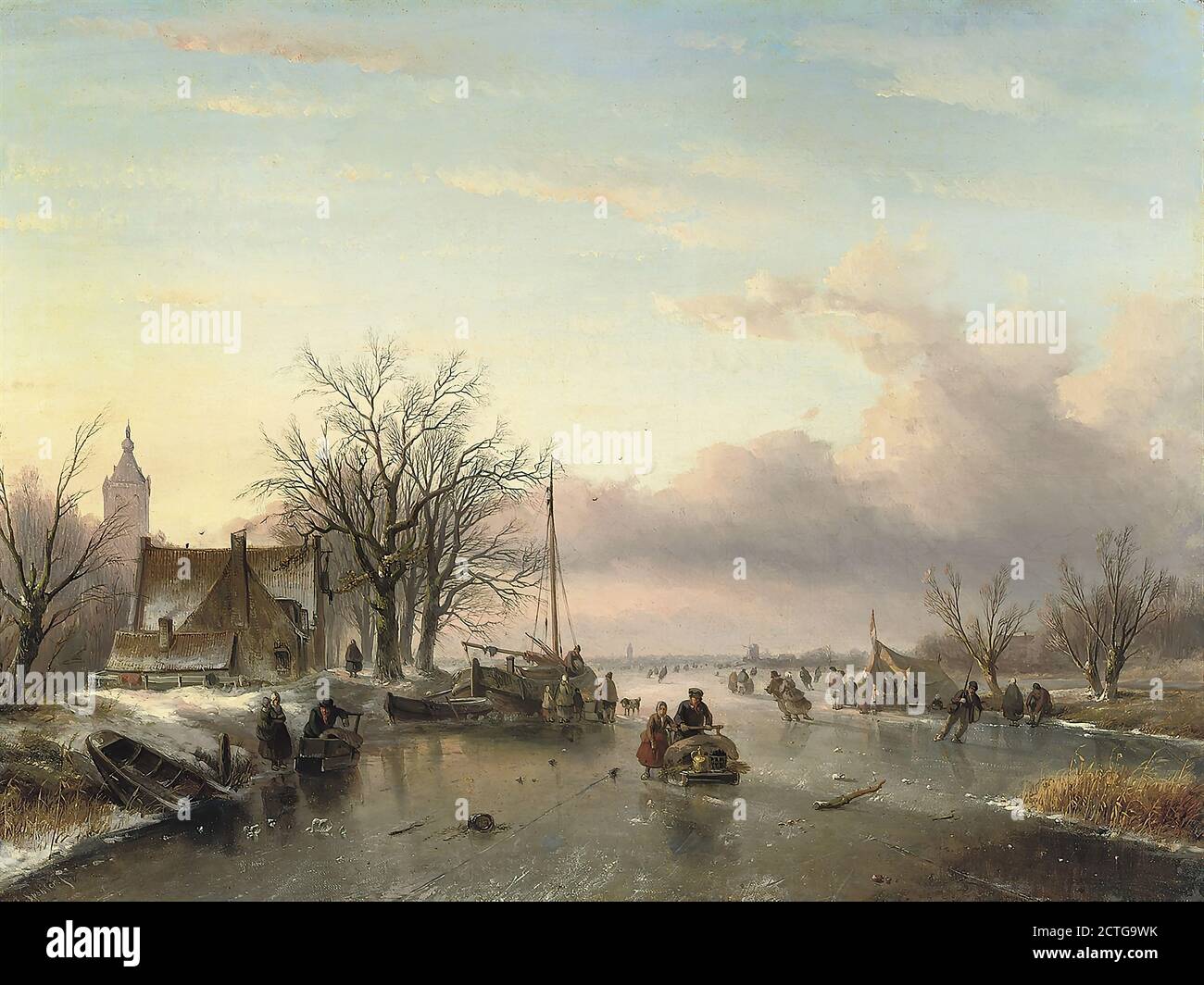 Spohler Jan Jacob - a Late Afternoon on the Ice - Dutch School - 19th  Century Stock Photo
