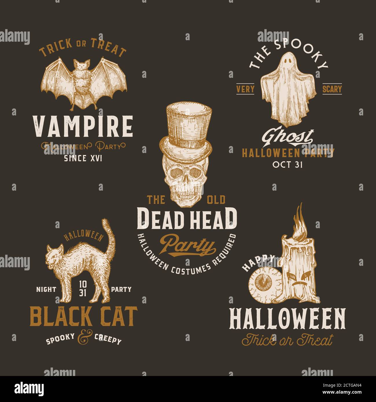 Vintage Style Halloween Logos or Labels Template Set. Hand Drawn 