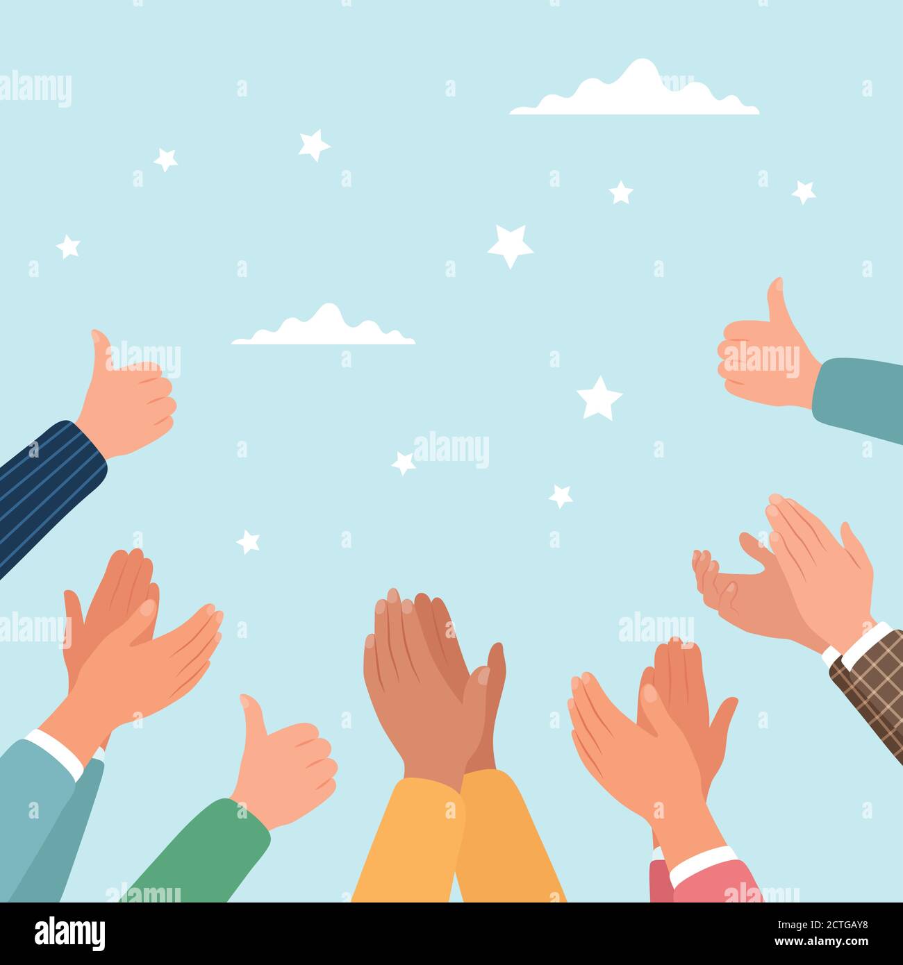 Approval, clapping hands and thumbs up. Vector illustration in flat
