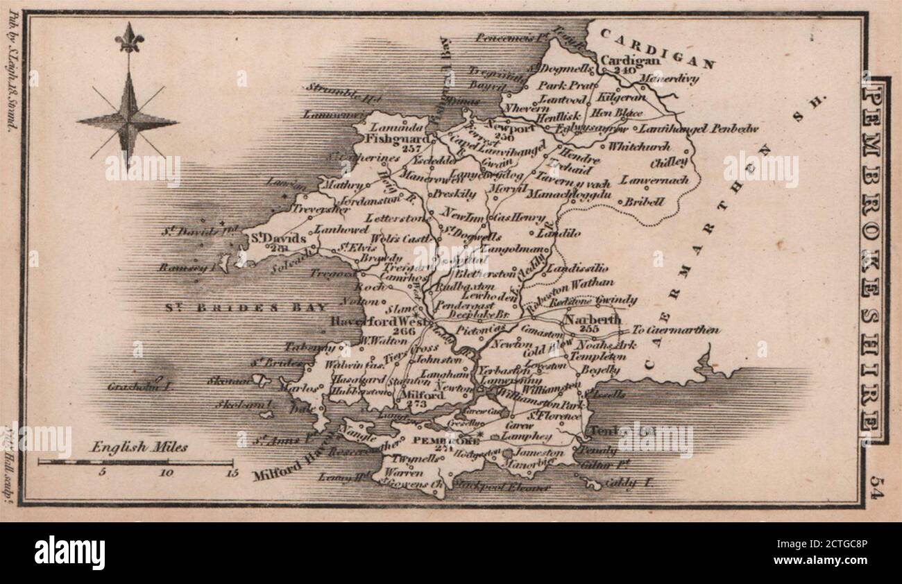 Pembrokeshire miniature county map by Samuel Leigh / Sidney Hall c1820 ...