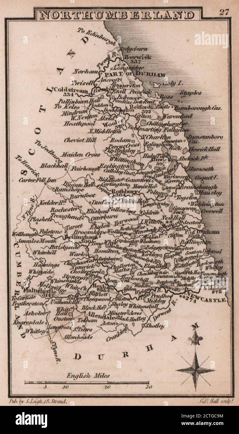 Northumberland miniature county map by Samuel Leigh / Sidney Hall c1820 ...
