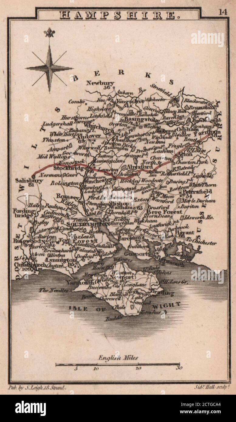 Hampshire miniature county map by Samuel Leigh / Sidney Hall c1820 old ...