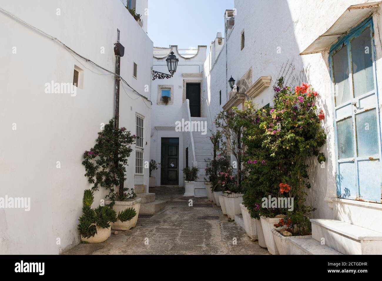 Potted plants enliven Vicolo Castello in the historic old centre of Ostuni, the White Town (La Città Bianca), Apulia, Italy Stock Photo