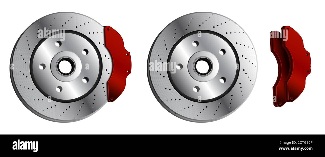 car brake disc with red brake pads. Brake pads, car parts. Maintenance in  workshop. Vector in realistic style Stock Photo - Alamy