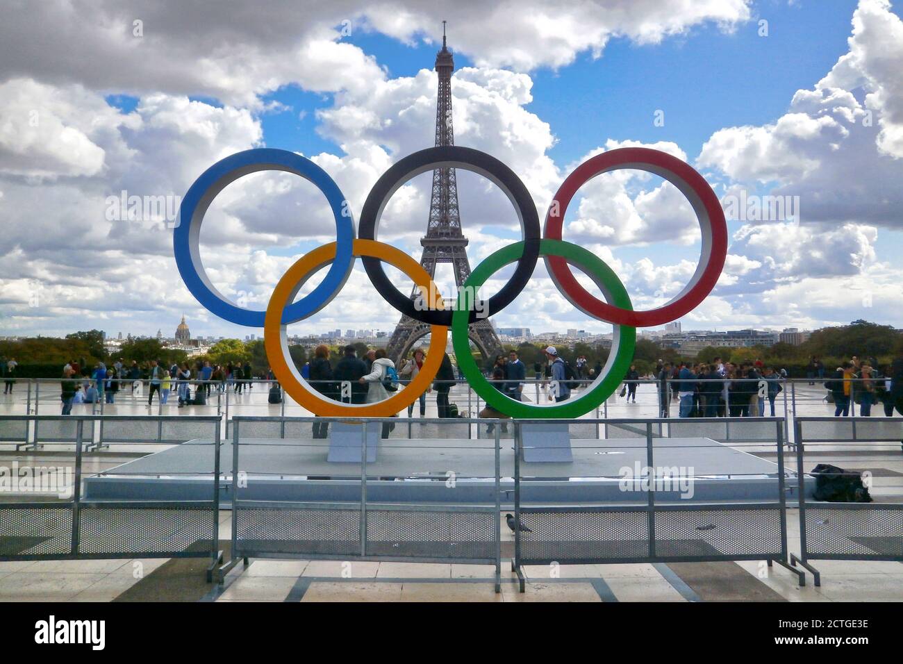 Paris, France - September 15 2017: Olympic rings installed on the esplanade of Trocadero to commemorate the Olympic Games which will take place in Par Stock Photo