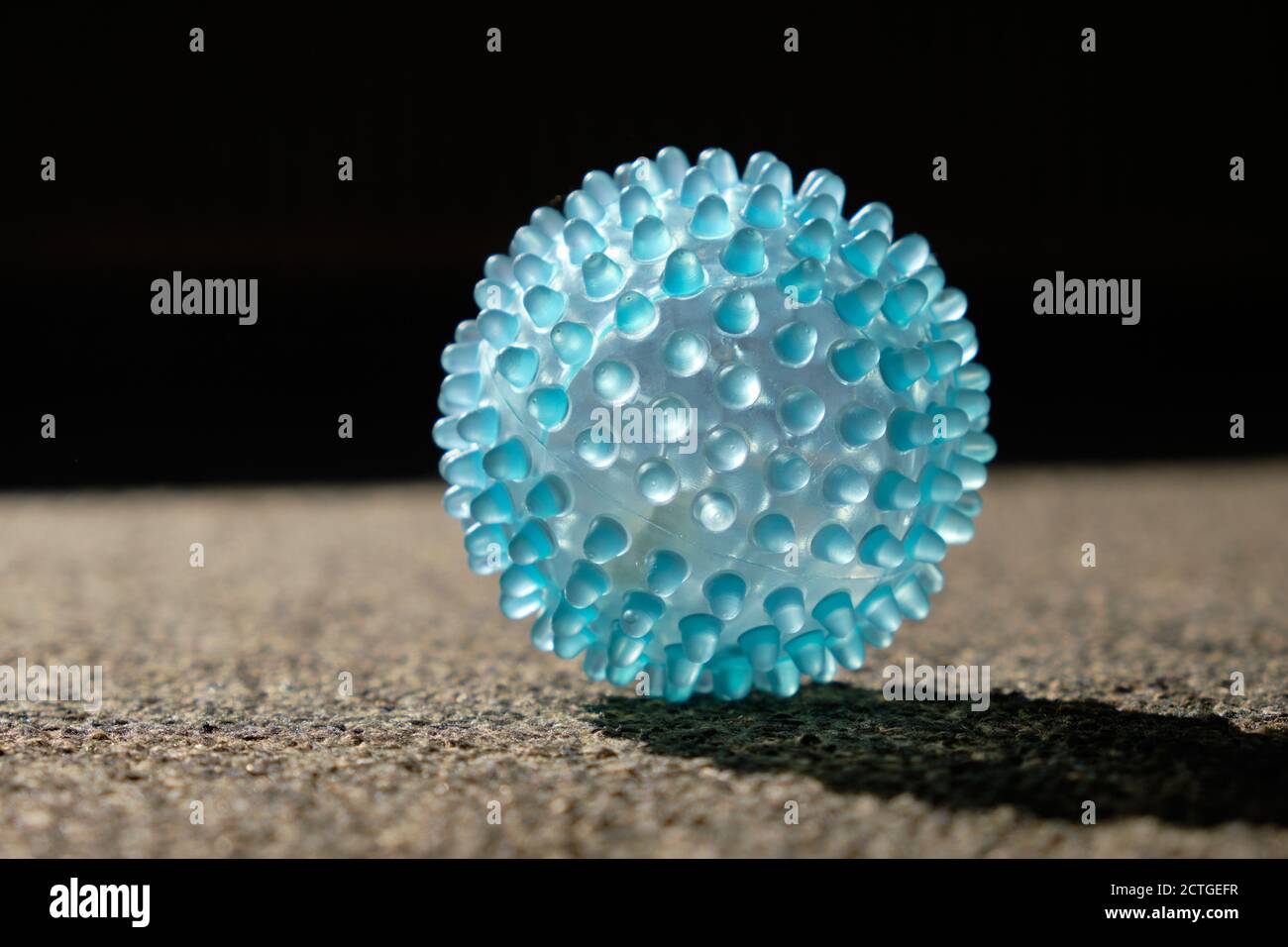 Bright blue transparent massage ball lying in the sun on short brown carpet and looking like a virus. Seen in Germany in September. Stock Photo