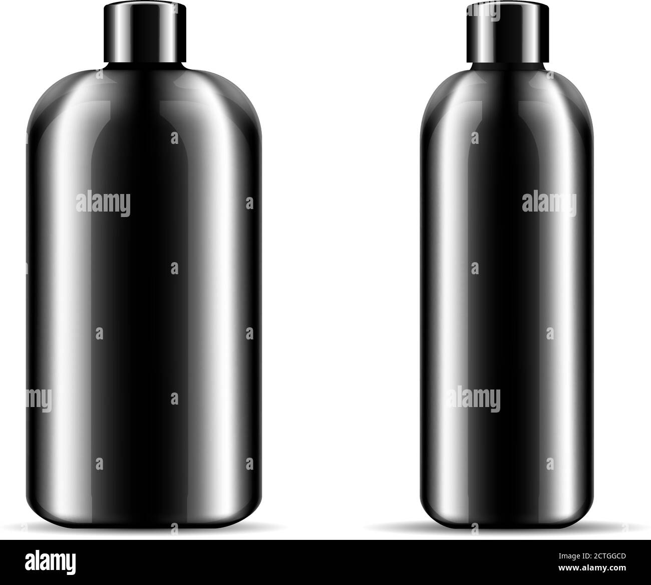 Two glossy black glass or plastic bottles set for shampoo, shower gel