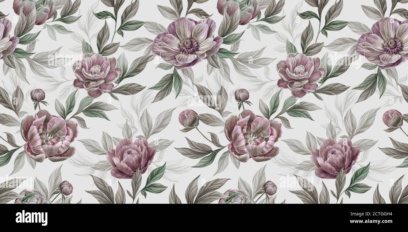 Floral seamless graphic pattern with vintage peonies, anemone, leaves and flowers. Hand-drawn illustration. Trendy glamorous design walpapers, fabric Stock Photo