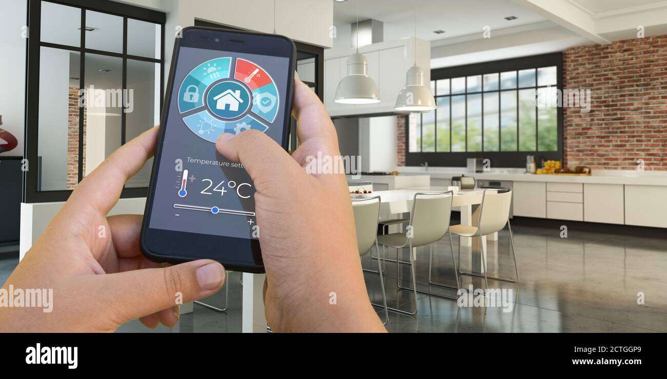 3D rendering of a modern interior controlled by a smartphone app Stock ...