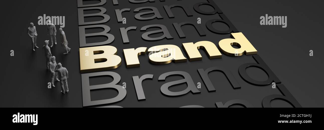 3D rendering of the word brand in golden letters against a black background with business people Stock Photo