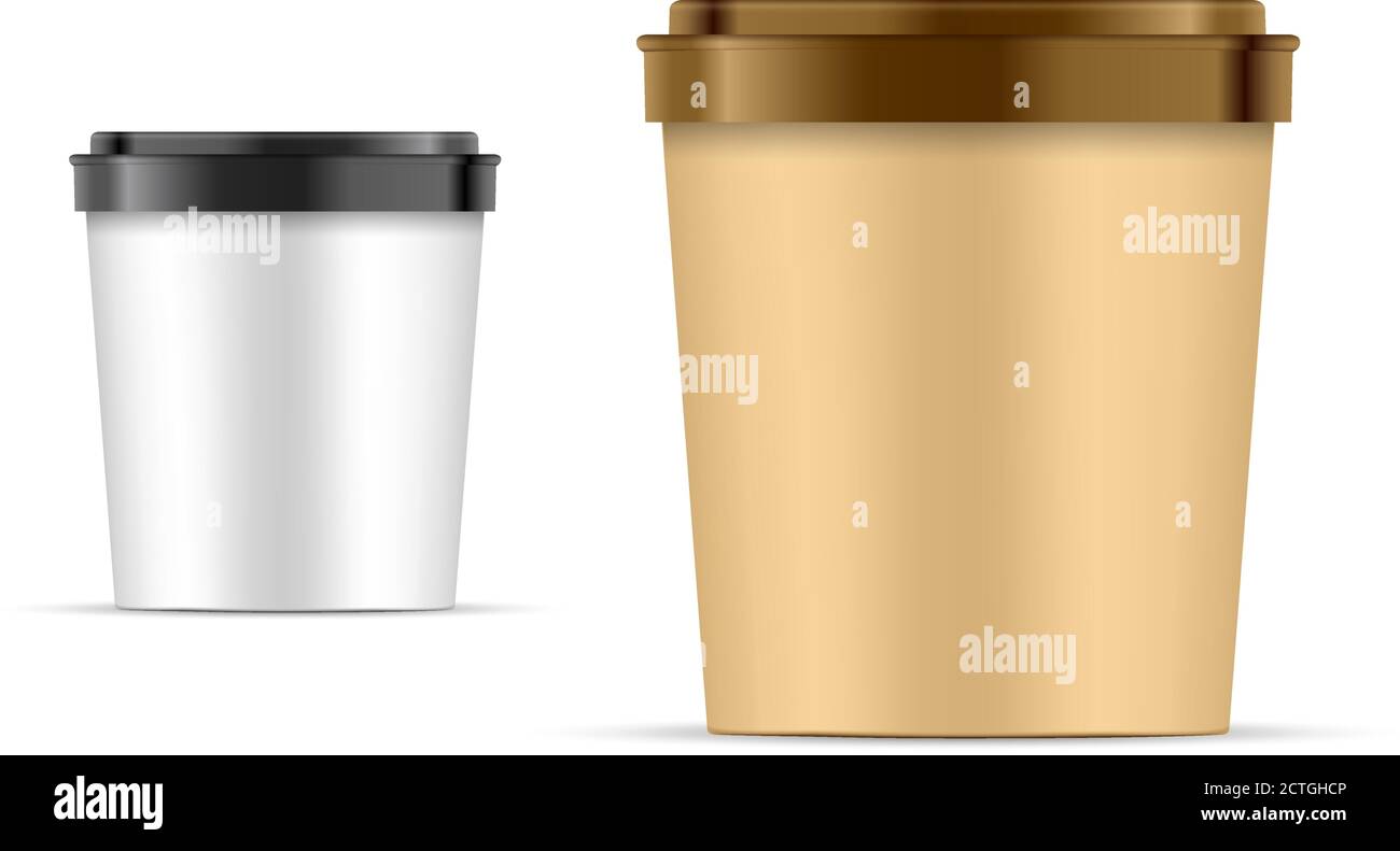 Food paper bucket Container For Dessert, Yogurt, Ice Cream, Sour Sream Or Snack. Realistic pot with plastic lid template and sample container design 3 Stock Vector