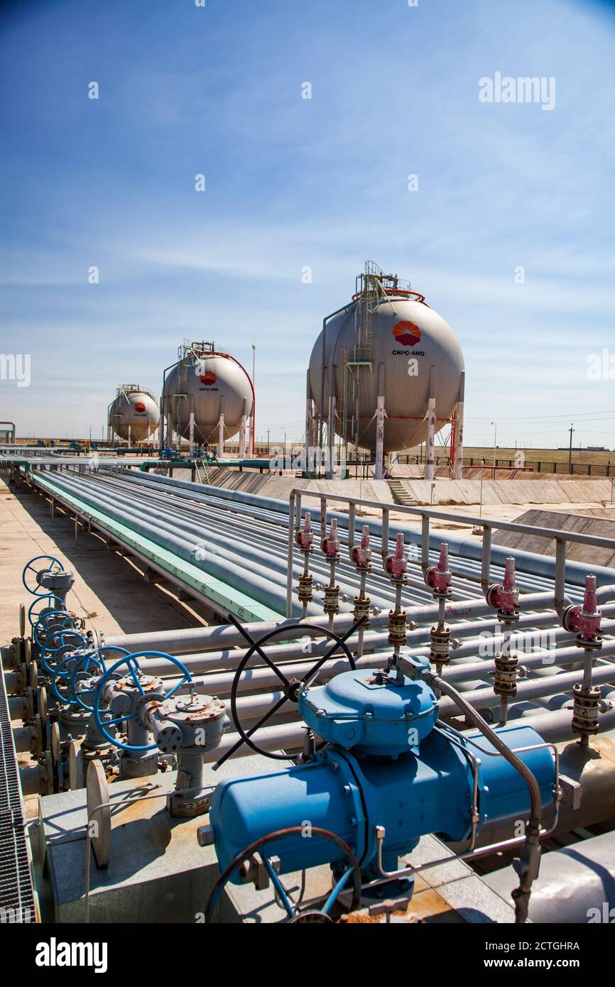 Zhanazhol, Aktobe region, Kazakhstan: Oil refinery plant. Sphere gas