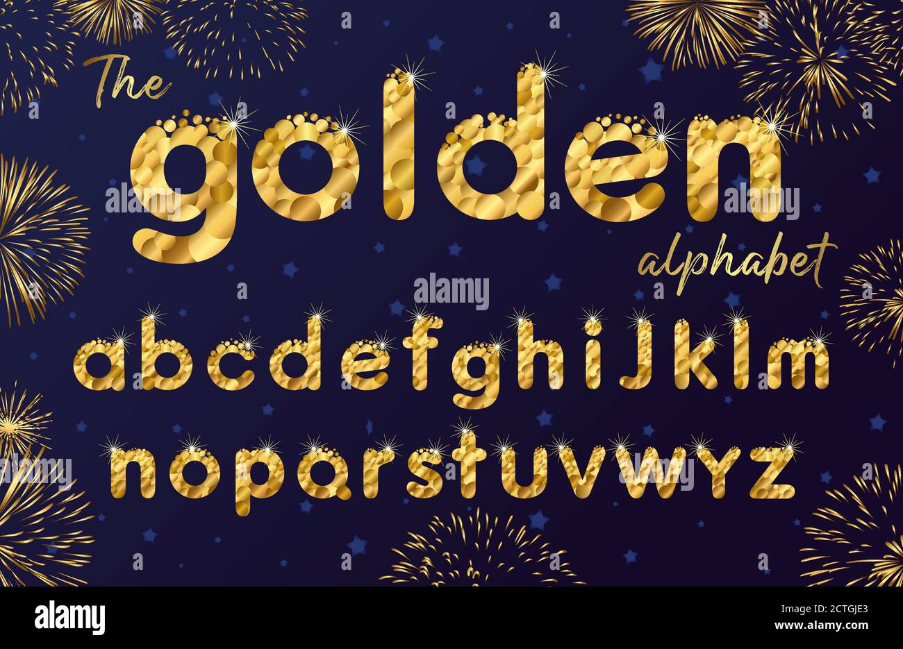 Golden sparkle bubbles font, funny gold alphabet, luxury letters and shine. Vector abc Xmas icon design with salutes and stars on blue background Stock Vector