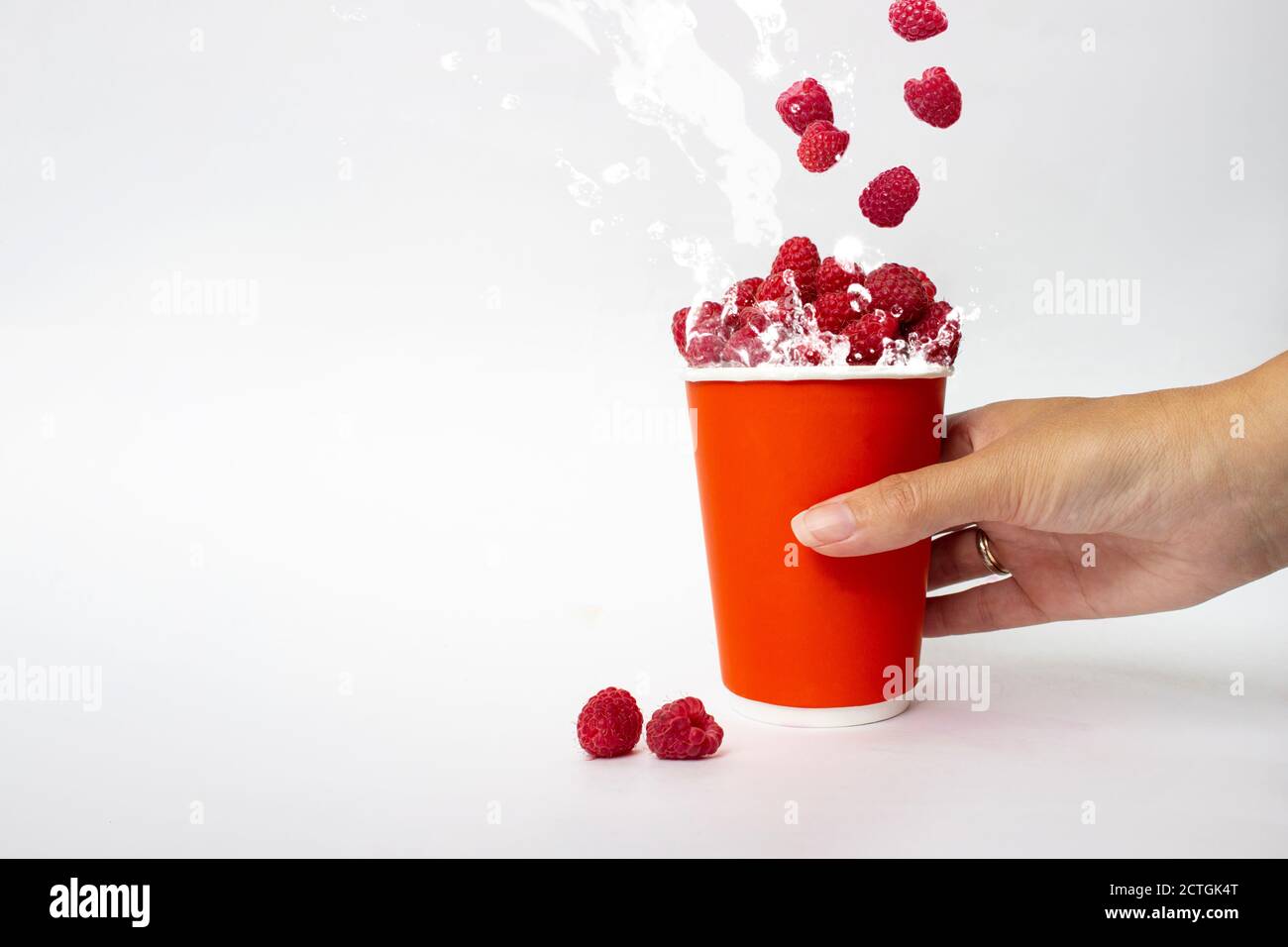 Paper cup of Raspberries in hand on white background. Fresh raspberry smoothie splash, close up Stock Photo