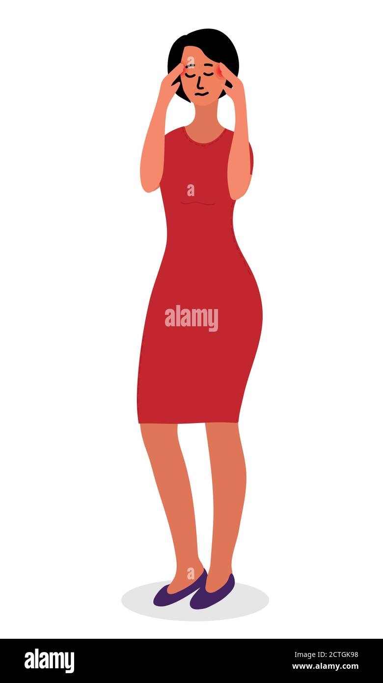 brunette woman in red dress feels a strong severe headache. She pressed her fingers to her temples. Endure pain. Cartoon vector illustration. Stock Vector