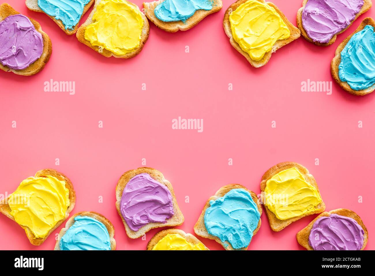 Variety spreads on bread slices. Layout top view Stock Photo
