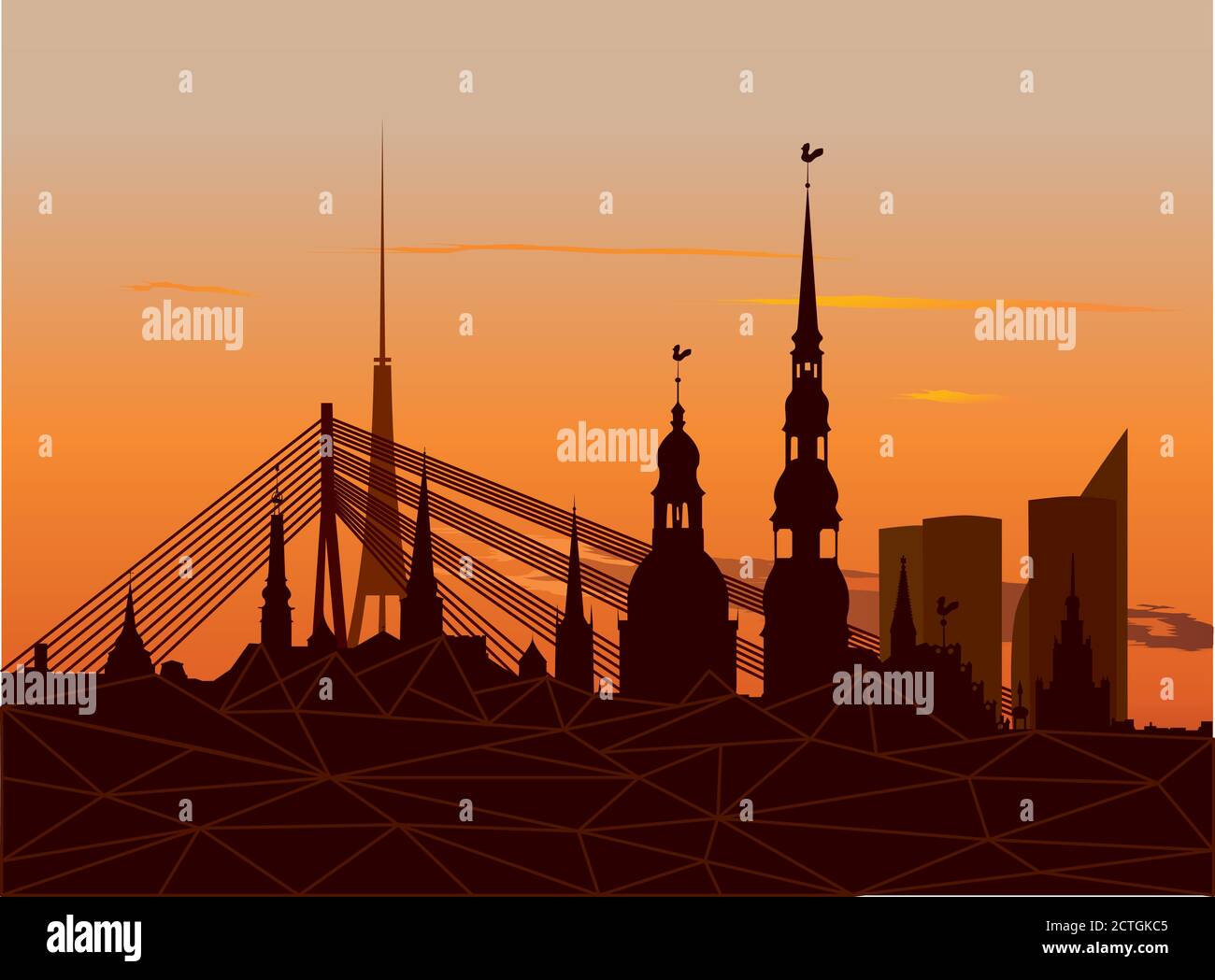 Riga Old Town Skyline during sunset time Stock Vector