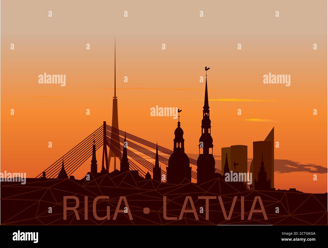 Riga Old Town Skyline during sunset time Stock Vector