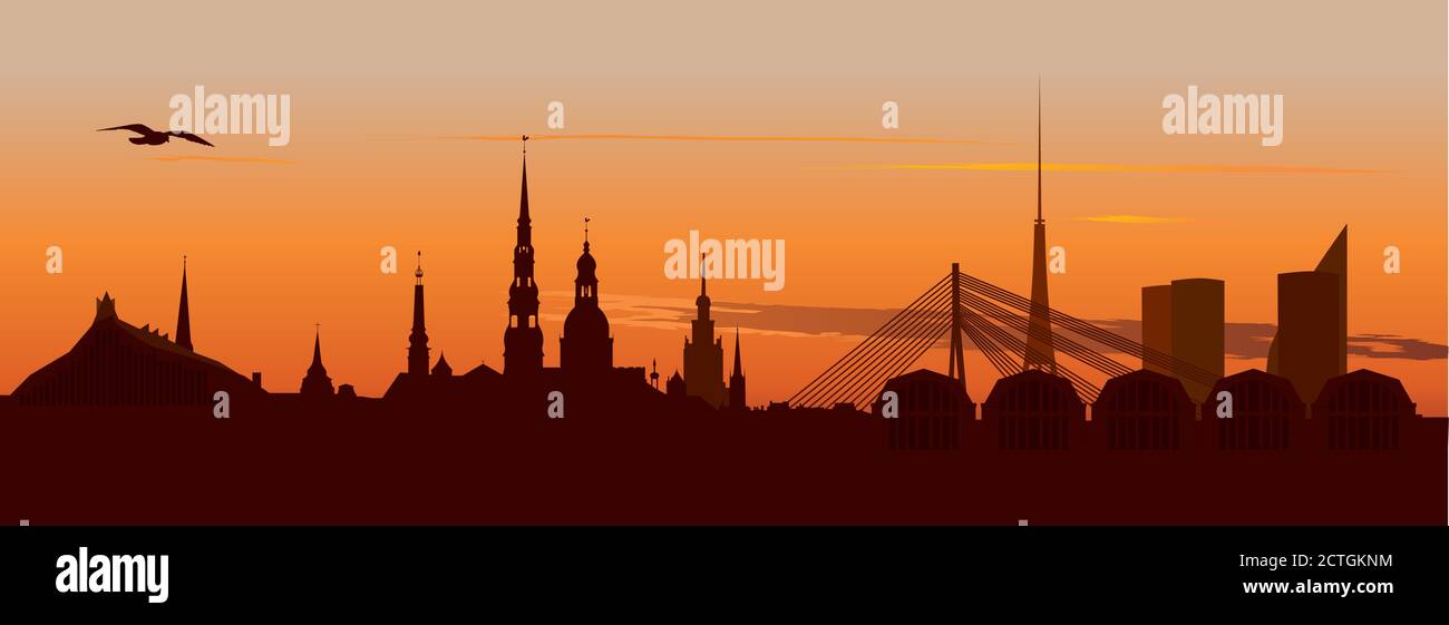 Riga Old Town Skyline during sunset time Stock Vector