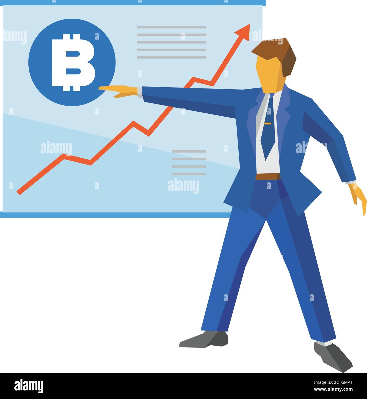Businessman in blue suit shows a poster with bitcoin sign and growing  charts. Growth cryptocurrency concept - success business, increase profit.  Flat Stock Vector Image & Art - Alamy