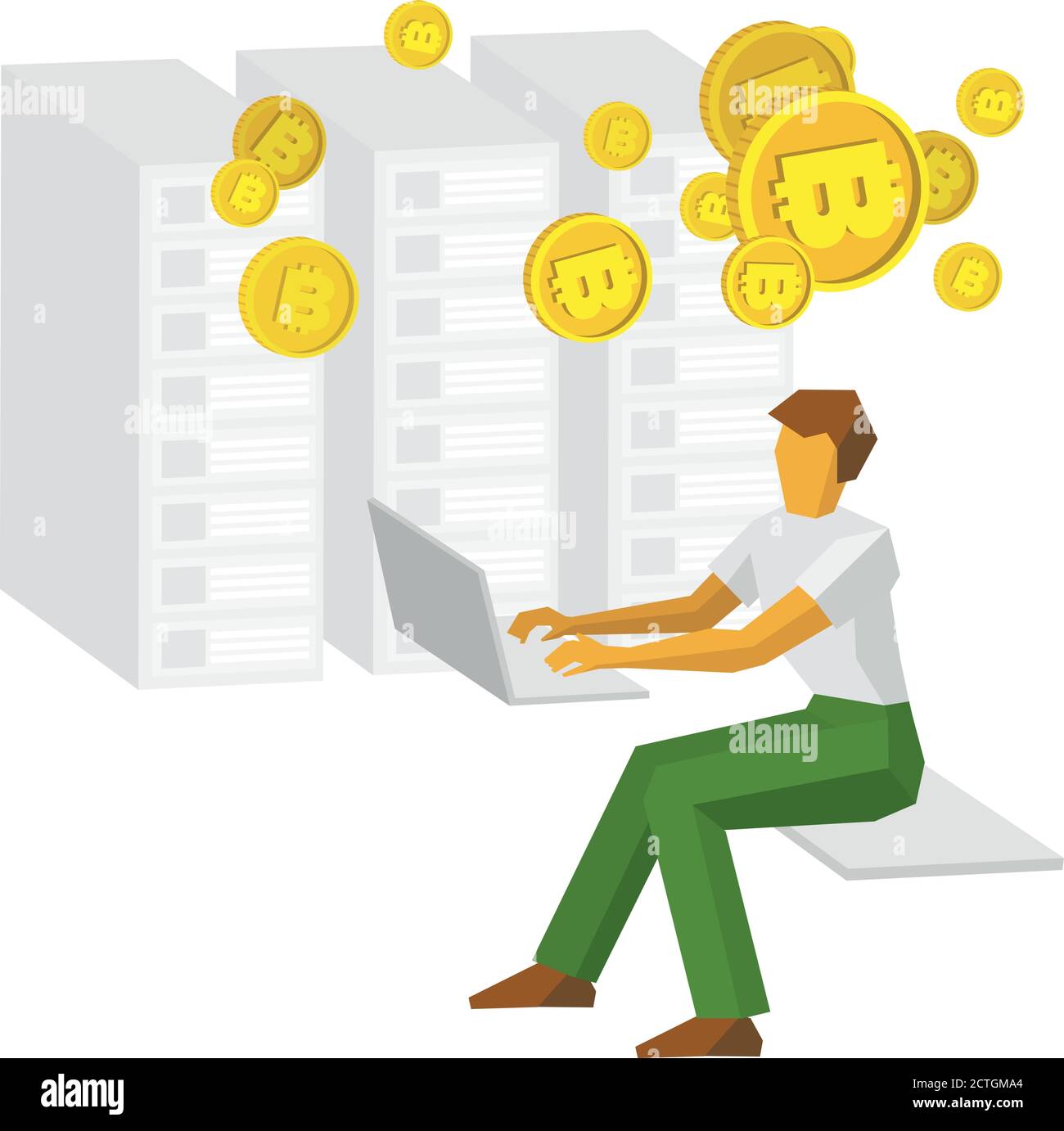 Man working on a computer and mining bitcoins. Mainframes (servers) at the back. Business concept - cryptocurrency, profit growth, easy money. Flat st Stock Vector