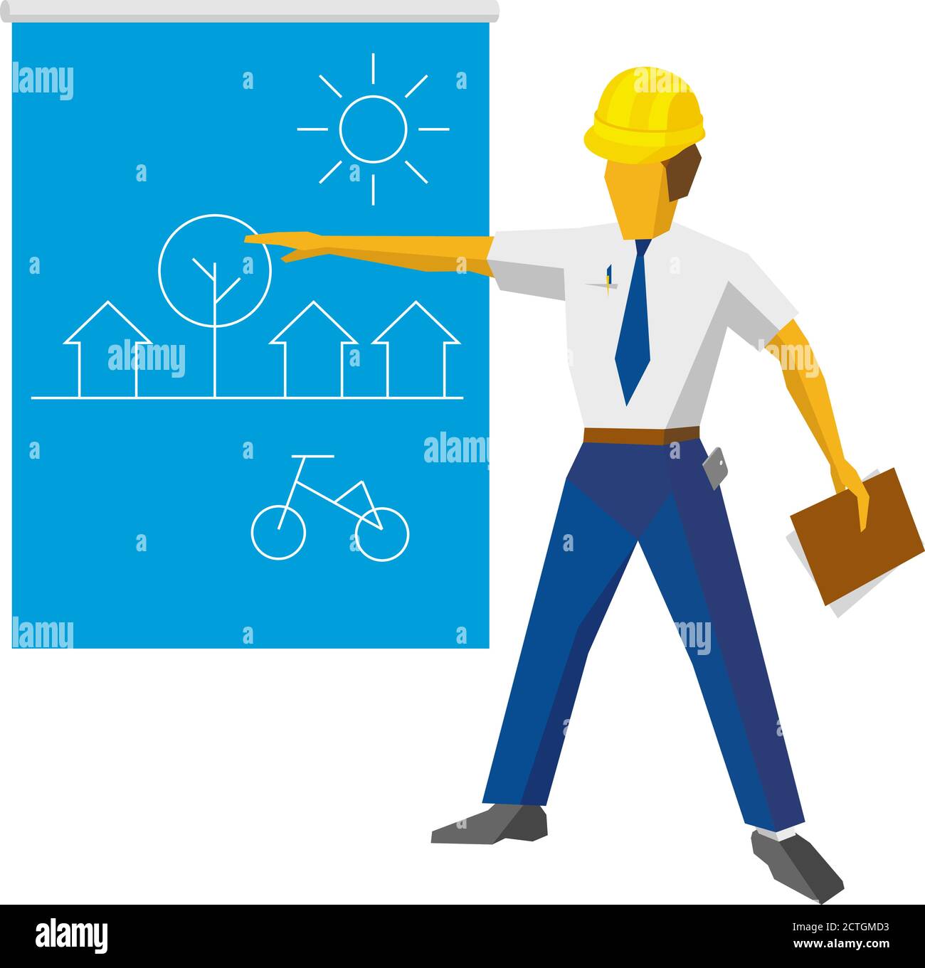 Engineer builder show blueprint with ecological project. Architect with papers in hand giving presentation of residential district with small houses. Stock Vector