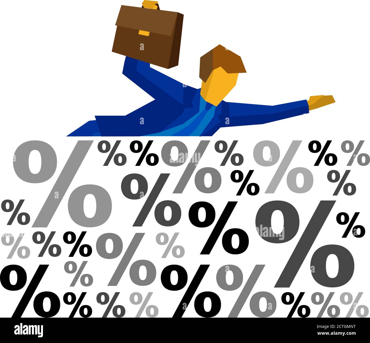 Businessman floating on the sea of percent signs. Business concept - man in blue suit with case in hand is drowning in debt and loans. Vector clip art Stock Vector