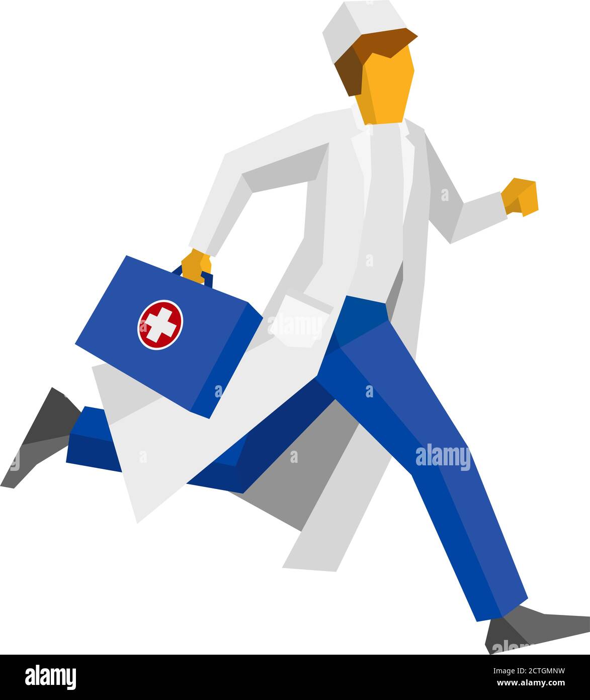 Doctor in a white coat running with first aid box. Hurrying medic isolated on white background. Simple flat style clip art. Stock Vector