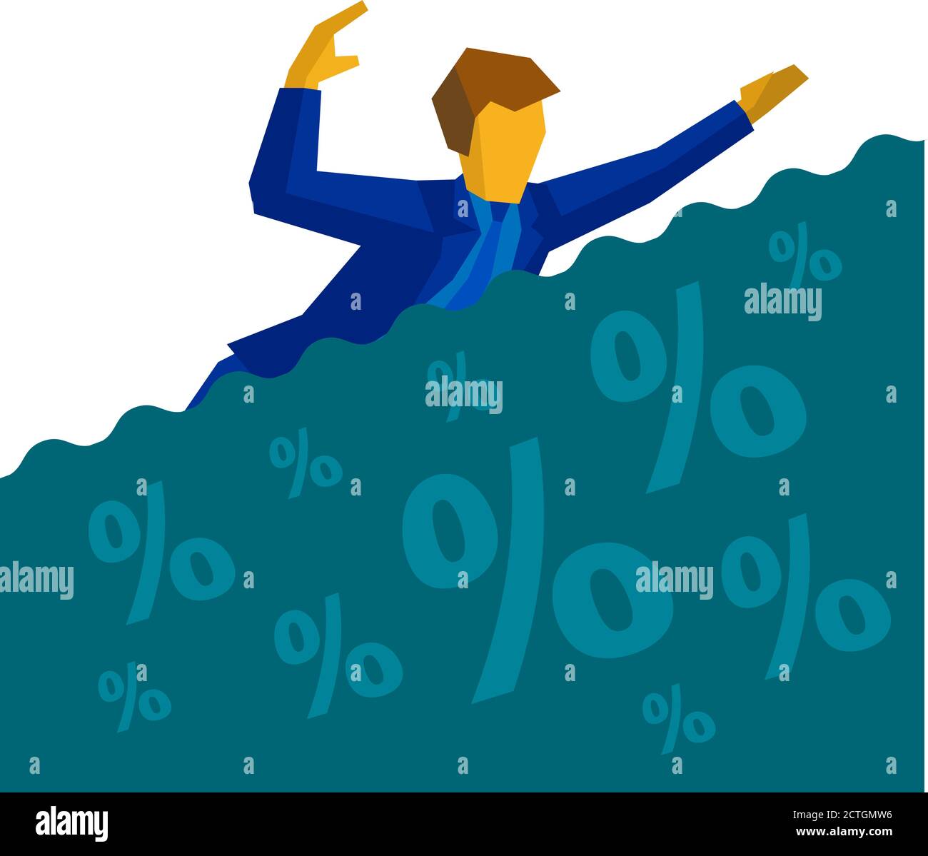 Businessman floating on the sea of percent signs. Business concept - man in blue suit is drowning in debt and loans. Vector clip art. Stock Vector