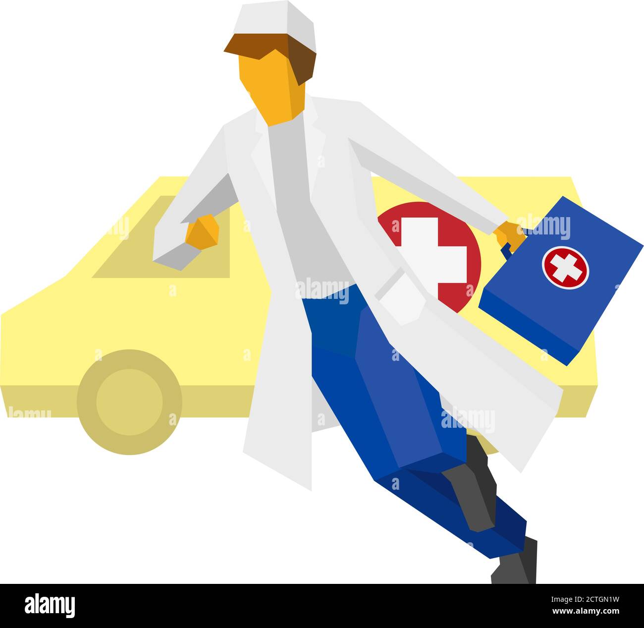 Doctor in a white coat running with first aid box. Hurrying medic with ambulance car at the back. Simple flat style clip art. Stock Vector