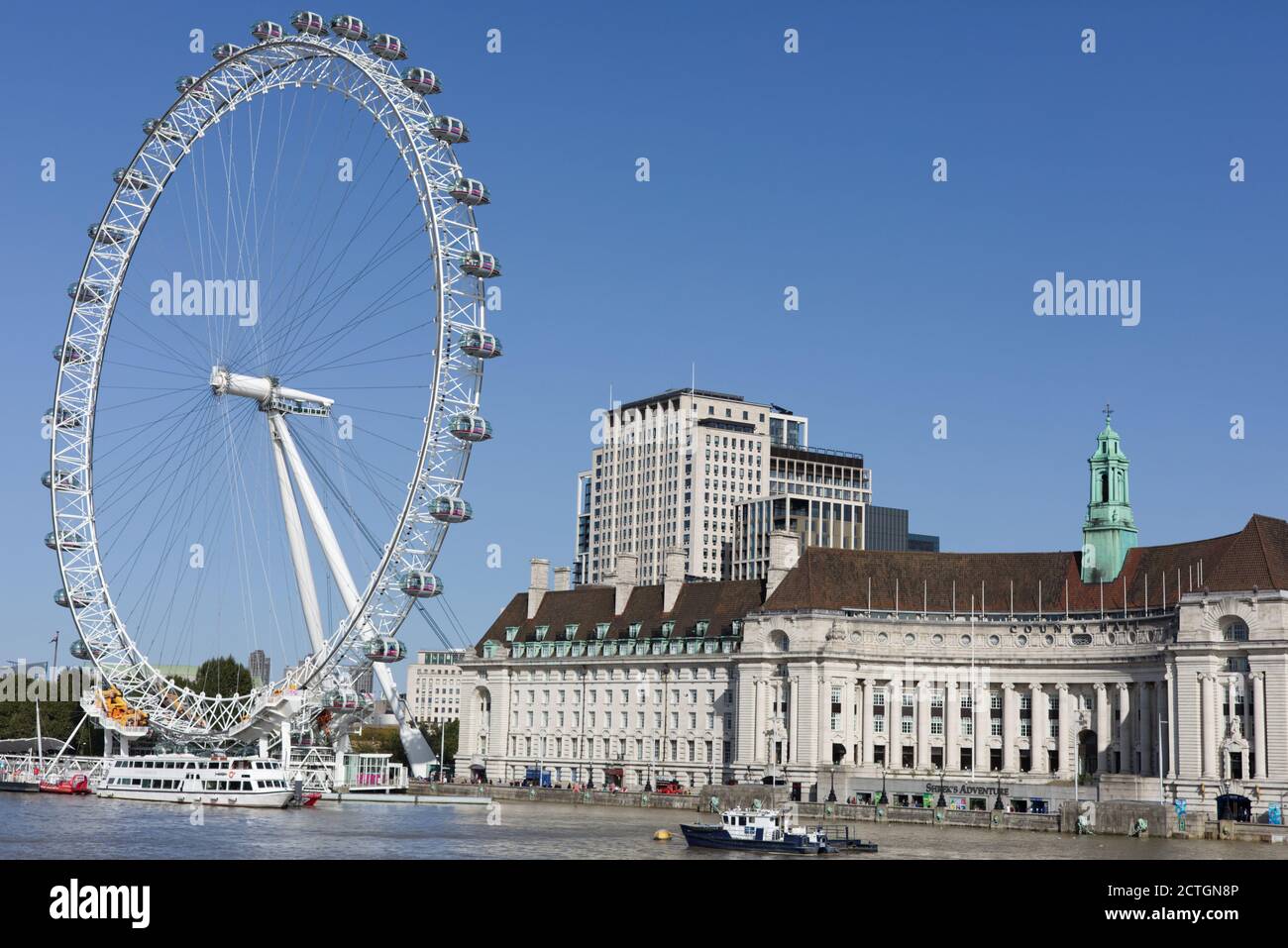 south bank London view from Westminster bridge. London Eye and County Hall Stock Photo