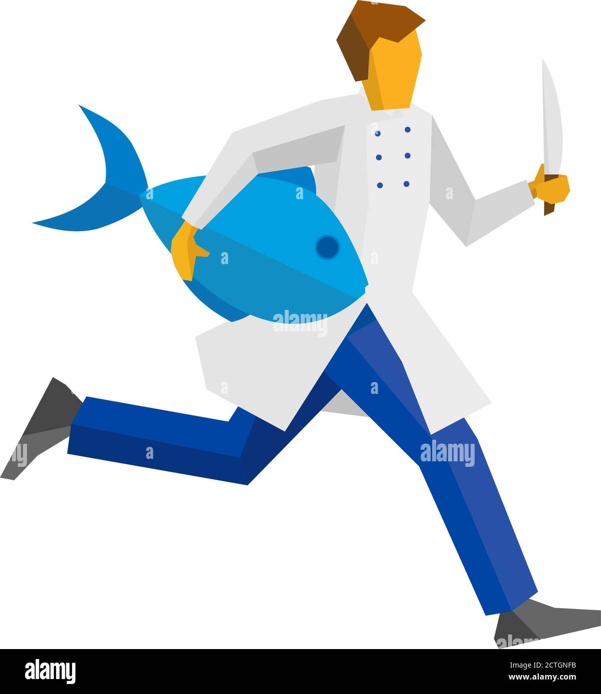 Chef runs with a knife and a big fish in hands. Cooking or food concept. Simple flat style vector clip art. Stock Vector