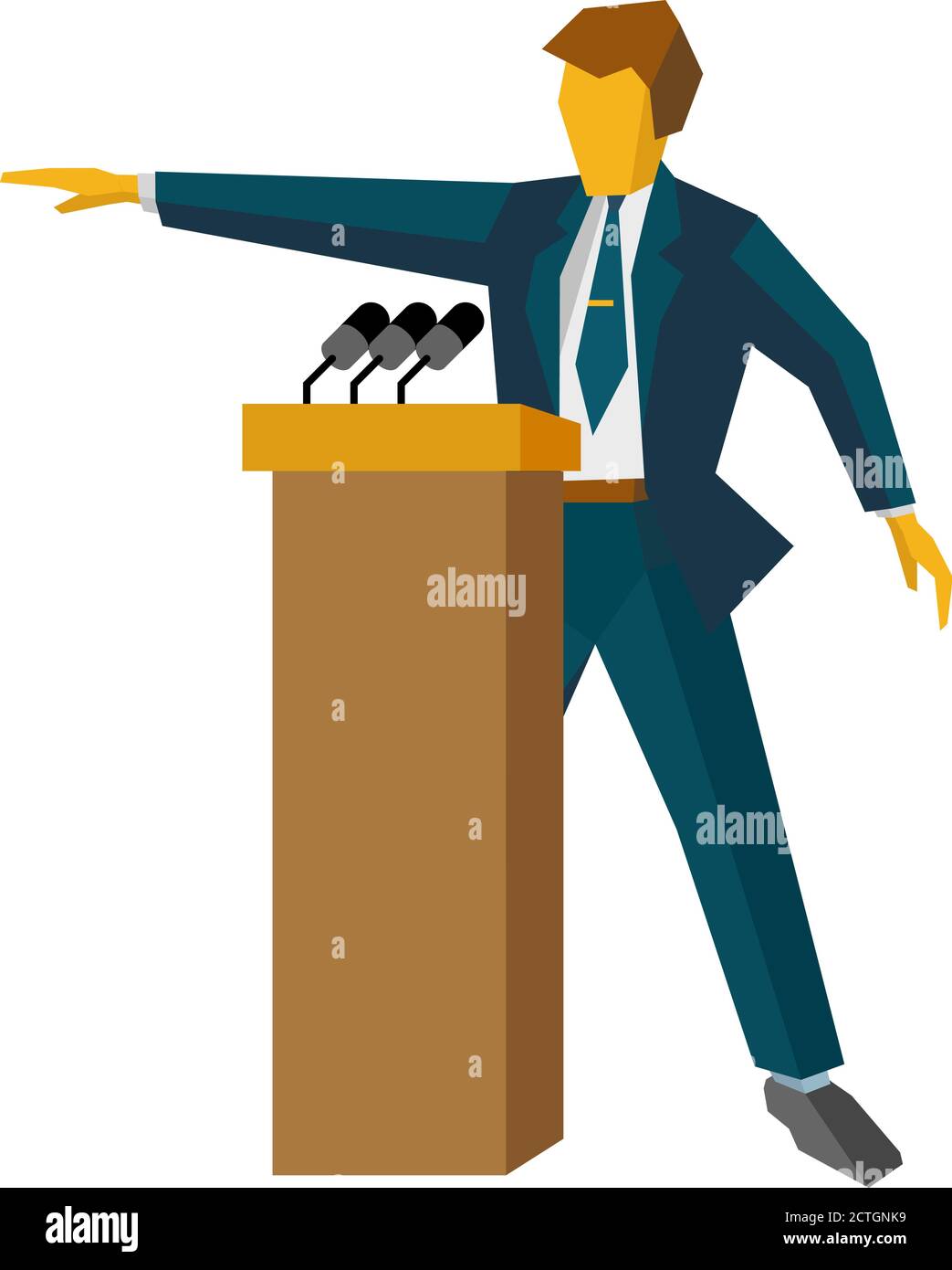 Speaker at podium. Man in suit standing at rostrum with microphones. Business concept -  press conference, presentation, report. Flat design vector il Stock Vector