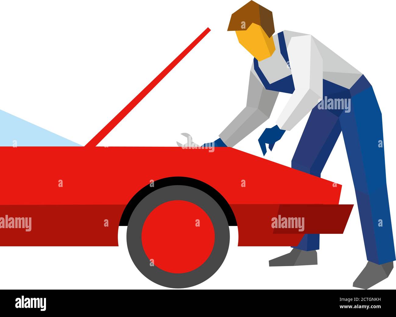 Mechanic with wrench repair red sport car. Specialist adjust wheel (or tires) on auto. Flat style vector illustration isolated on white background. Stock Vector