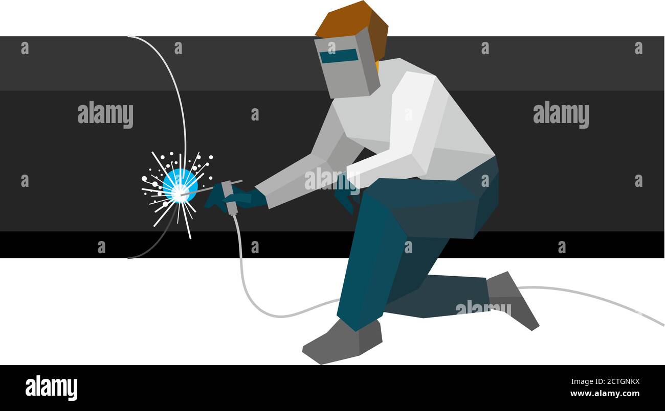 Welder in the mask connects metal pipes in pipeline. Flat style vector illustration isolated on white background. Stock Vector