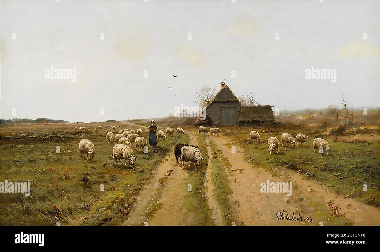 Westerbeek Cornelis - Tending the Sheep - Dutch School - 19th  Century Stock Photo